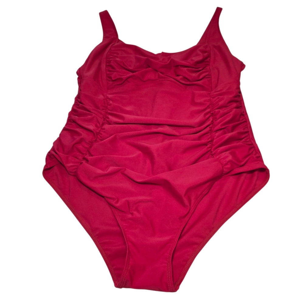 Ruched And Shirred One Piece Red Swimsuit 20W EUC Tummy Control